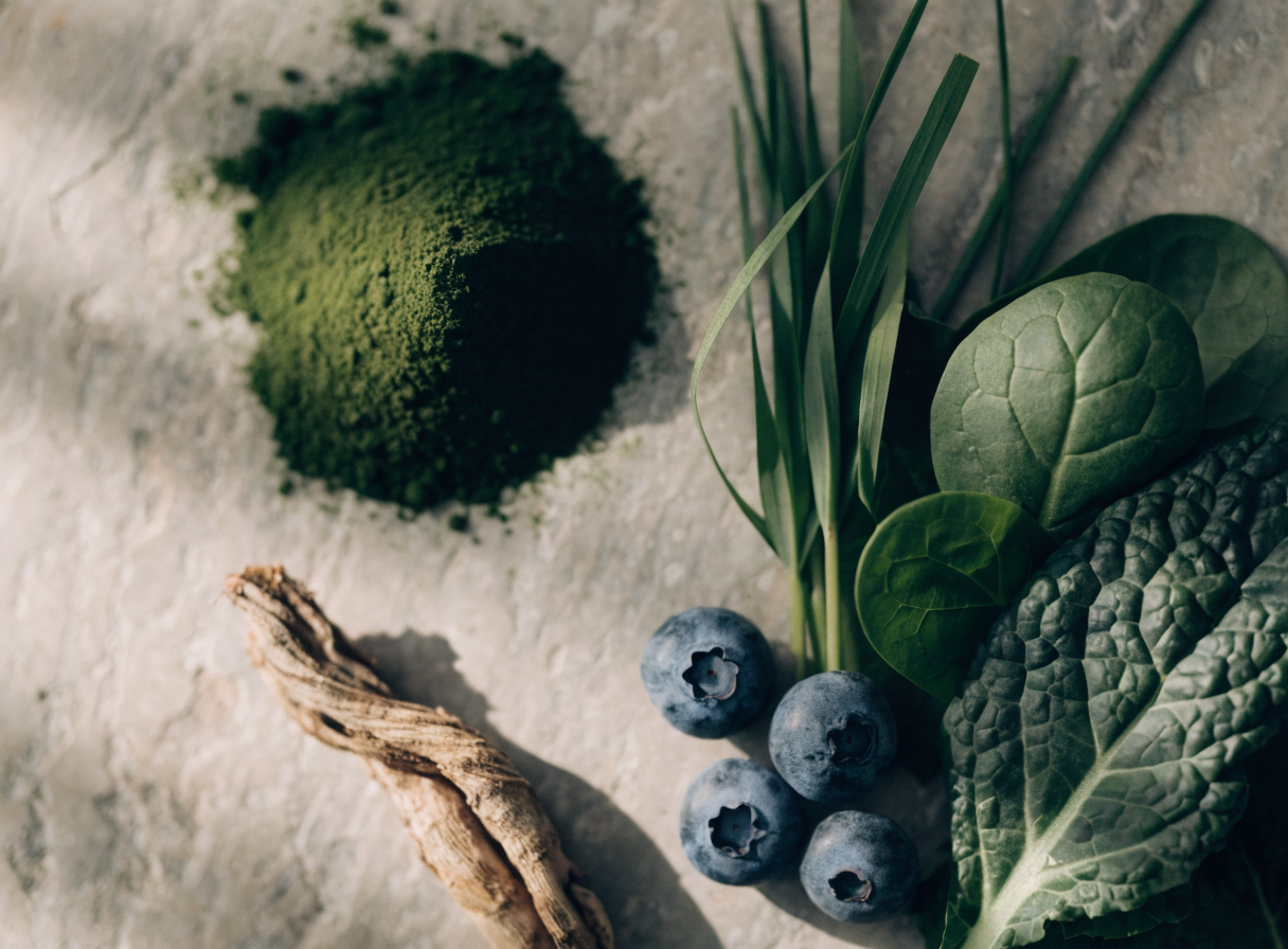 Spirulina, špenát, kapusta, ječná tráva a borůvky na světlém kameni