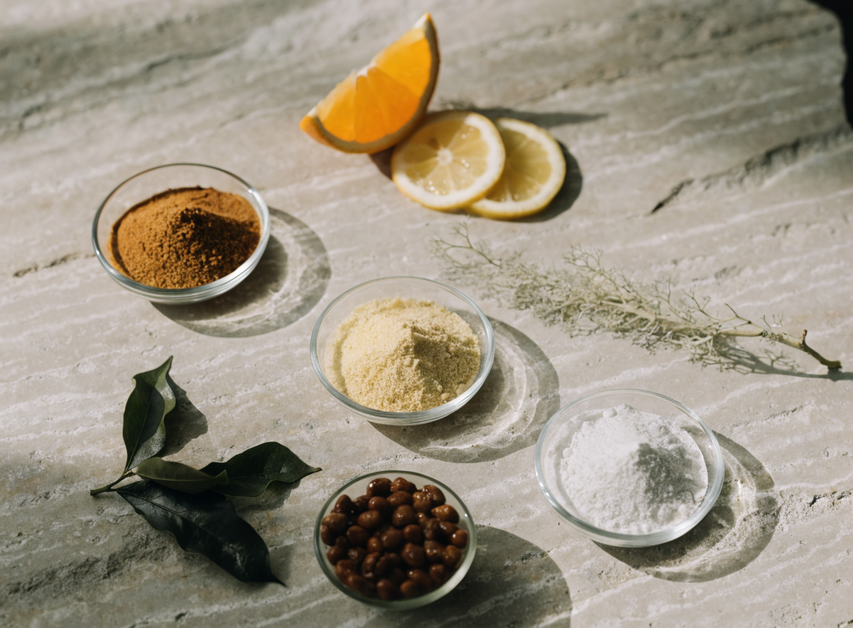 Prášky vitamínů, citrusy, lišejník a listová zelenina na světlém kameni