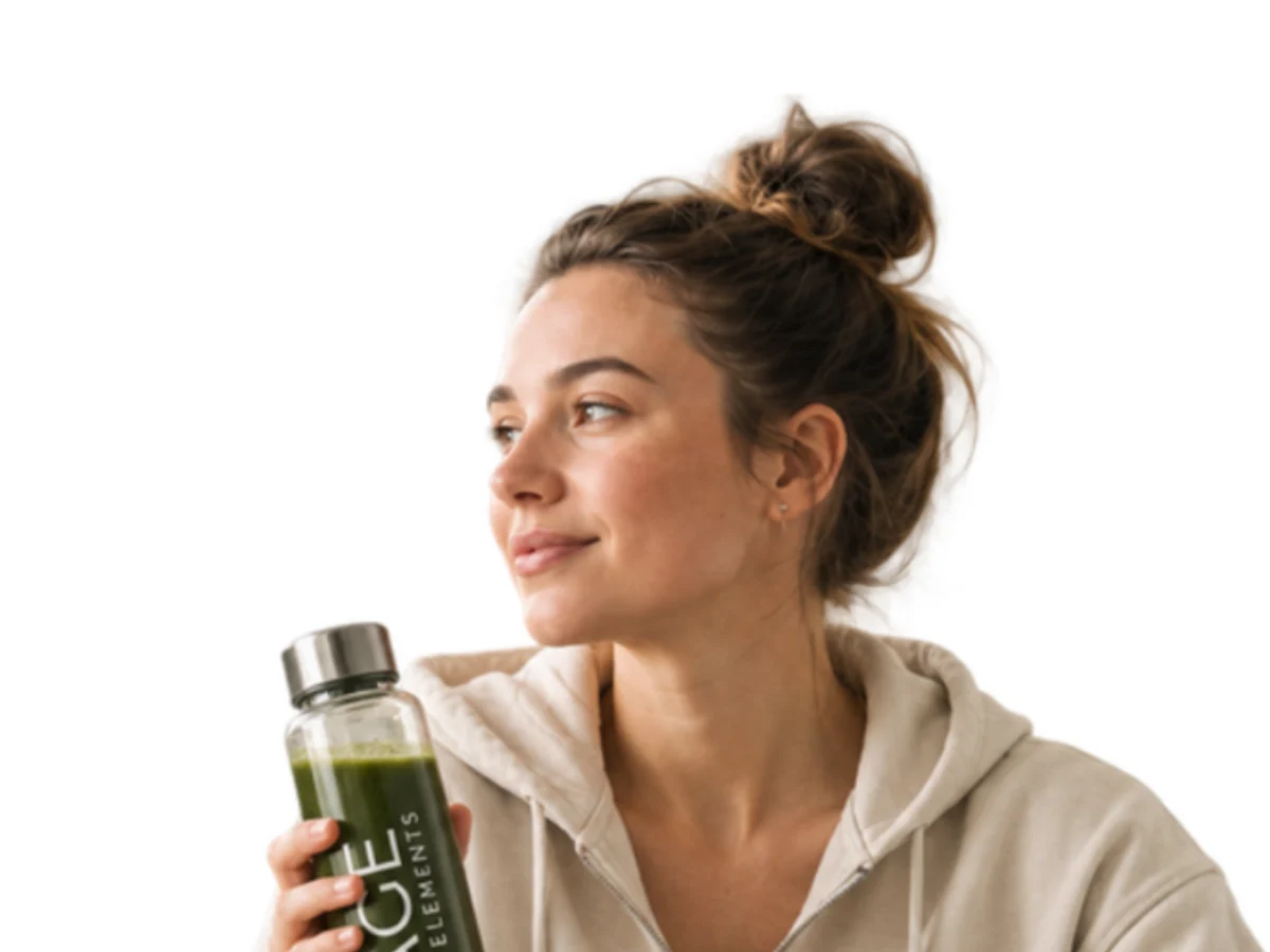 Young woman with an A.G.E. Elements bottle