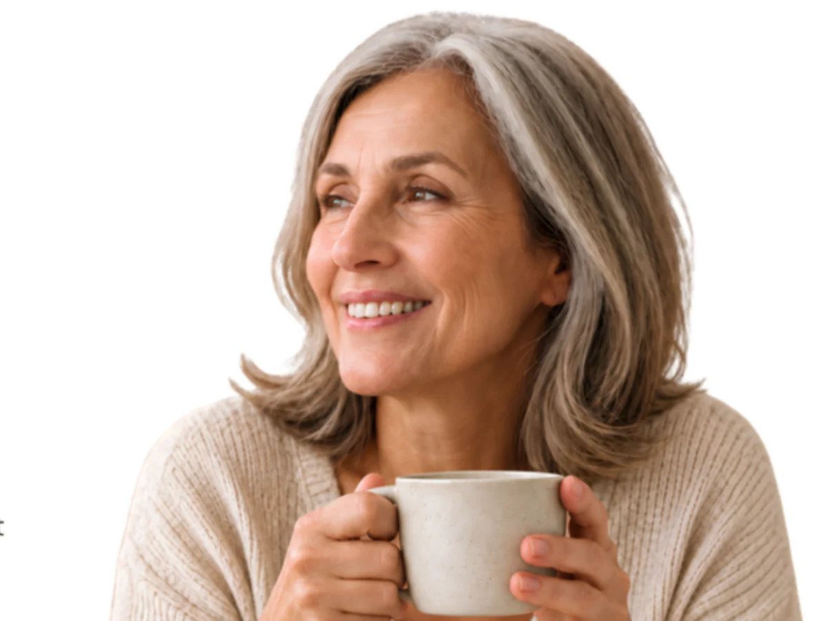 Smiling woman in her sixties with a mug