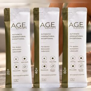 Tři sáčky A.G.E. Elements 20+, 40+ a 60+ po 13 g, vzorek na tři dny