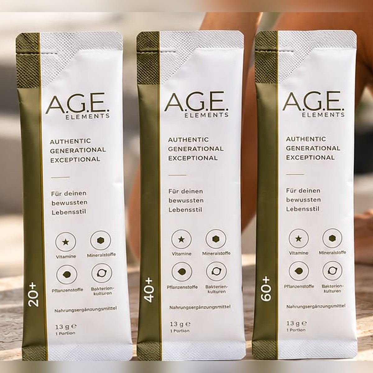 Tři sáčky A.G.E. Elements 20+, 40+ a 60+ po 13 g